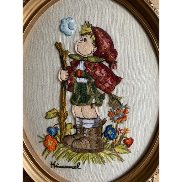 Framed Cross-stitch Cottage Core Hummel Large 12x9.5" Nursey Child Flower Nature - Picture 3 of 3